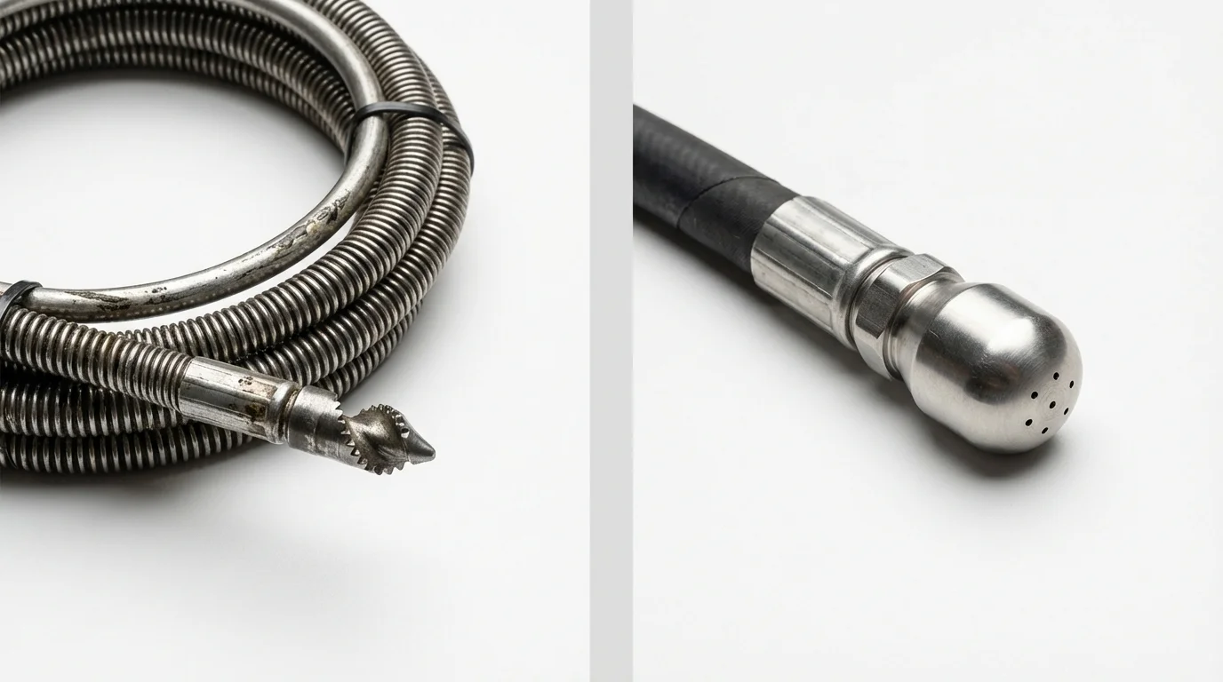 Drain snake cable and hydro jetting nozzle used for drain cleaning in Carver, MA