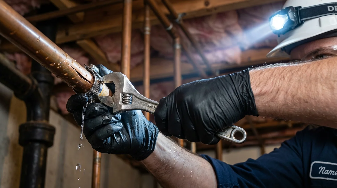 Emergency pipe clamp repair being performed by a Johns Plumbing LLC plumber in Carver