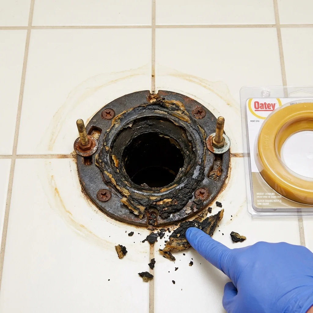 Failed wax ring showing water seepage at the base of a toilet in a Carver, MA home